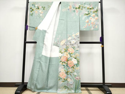 平和屋本店●極上　京友禅の第一人者　松井青々　訪問着　刺繍　草花文　金銀彩　山葵色地　逸品　CYAA4047s6