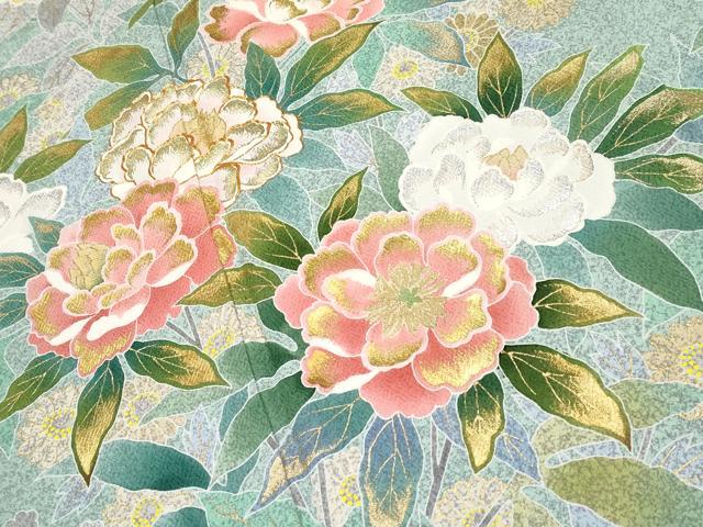 平和屋本店●極上　京友禅の第一人者　松井青々　訪問着　刺繍　草花文　金銀彩　山葵色地　逸品　CYAA4047s6