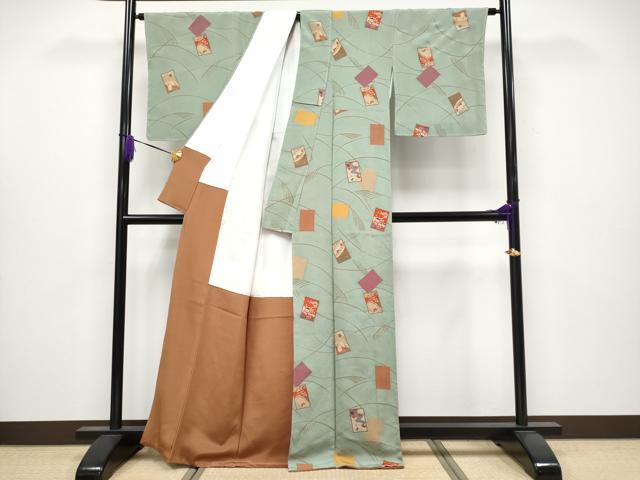 平和屋着物●極上　人形作家・ホリヒロシ　小紋　かるた　岩井茶色　反端付き　逸品　未使用　CYAA4050s6