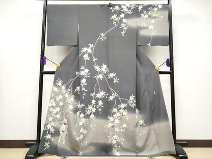 平和屋本店●極上　十日町　加賀草木友禅の第一人者　田村哲彦　訪問着　童子　枝垂れ桜　暈し染め　墨色地　逸品　CYAA4061s6