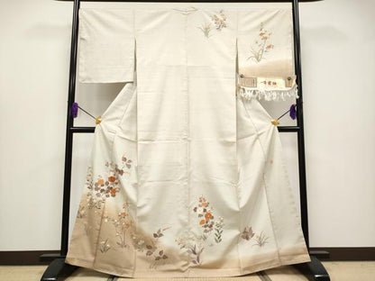 平和屋着物●極上　石川県指定無形文化財 牛首紬 白山工房 手織 訪問着 刺繍 草花文 金彩 証紙付 亜麻色 上代70万 逸品 未使用 CYAA4064s6