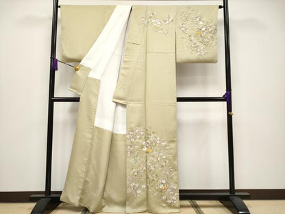平和屋本店●極上　中国三大刺繍　相良刺繍　訪問着　駒刺繍　雪輪草花文　利休茶色　金糸　逸品　CYAA4069s6