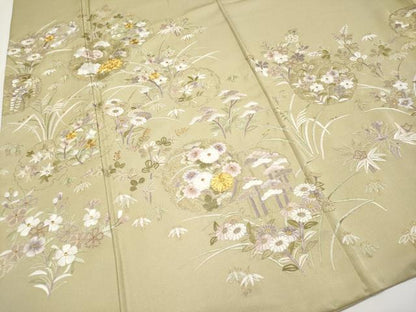 平和屋本店●極上　中国三大刺繍　相良刺繍　訪問着　駒刺繍　雪輪草花文　利休茶色　金糸　逸品　CYAA4069s6