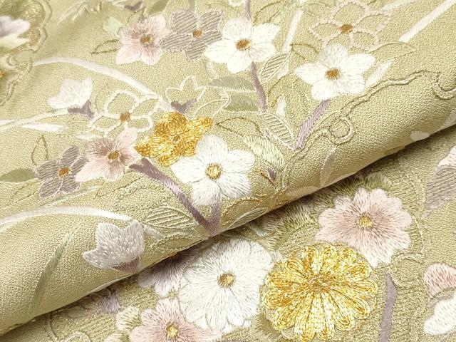 平和屋本店●極上　中国三大刺繍　相良刺繍　訪問着　駒刺繍　雪輪草花文　利休茶色　金糸　逸品　CYAA4069s6