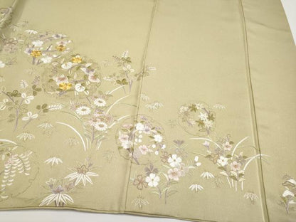 平和屋本店●極上　中国三大刺繍　相良刺繍　訪問着　駒刺繍　雪輪草花文　利休茶色　金糸　逸品　CYAA4069s6