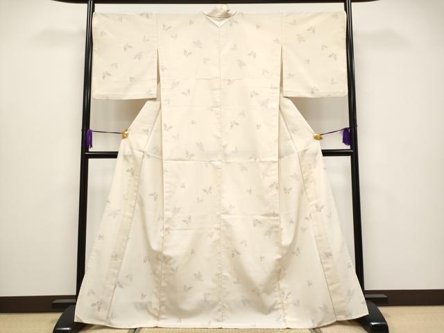 平和屋着物▽極上 本塩沢 単衣 110亀甲 舞蝶文 白茶色地 逸品 CYAA4070s6