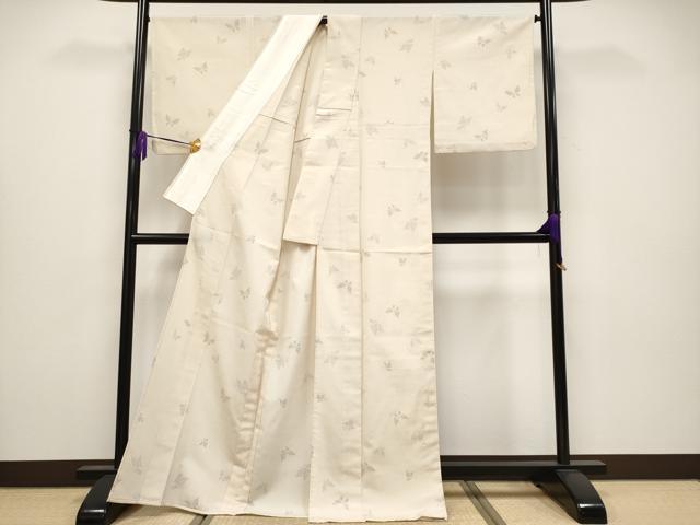平和屋着物▽極上 本塩沢 単衣 110亀甲 舞蝶文 白茶色地 逸品 CYAA4070s6