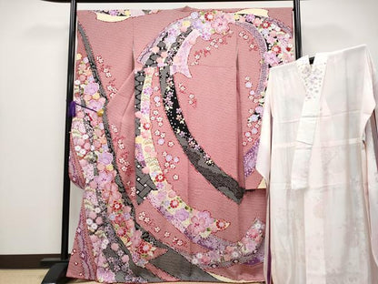 平和屋着物●極上　振袖・長襦袢セット　駒刺繍　束ね熨斗舞花文　茜色地　逸品　CYAA4075s6
