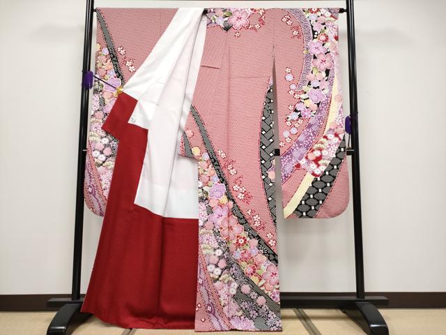 平和屋着物●極上　振袖・長襦袢セット　駒刺繍　束ね熨斗舞花文　茜色地　逸品　CYAA4075s6
