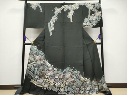 平和屋着物●極上　訪問着　辻が花　暈し染め　金彩　黒緑色地　逸品　未使用　CYAA4077s6