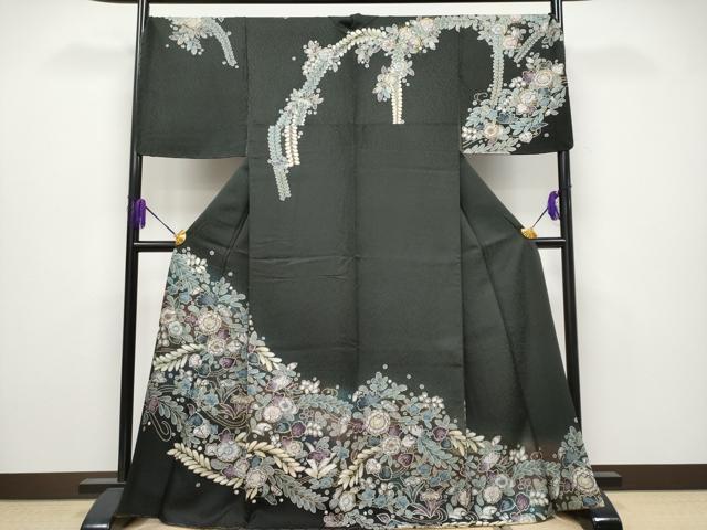 平和屋着物●極上　訪問着　辻が花　暈し染め　金彩　黒緑色地　逸品　未使用　CYAA4077s6
