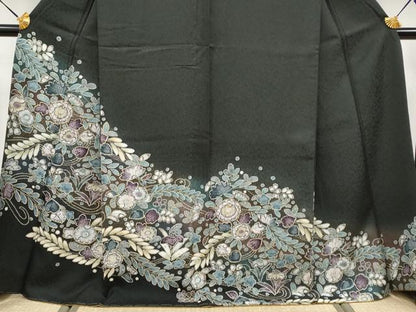 平和屋着物●極上　訪問着　辻が花　暈し染め　金彩　黒緑色地　逸品　未使用　CYAA4077s6