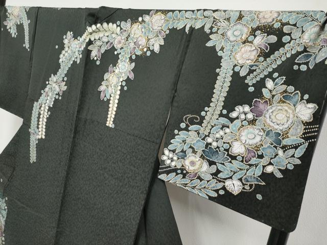 平和屋着物●極上　訪問着　辻が花　暈し染め　金彩　黒緑色地　逸品　未使用　CYAA4077s6