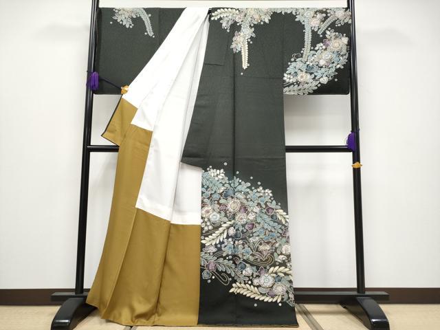 平和屋着物●極上　訪問着　辻が花　暈し染め　金彩　黒緑色地　逸品　未使用　CYAA4077s6