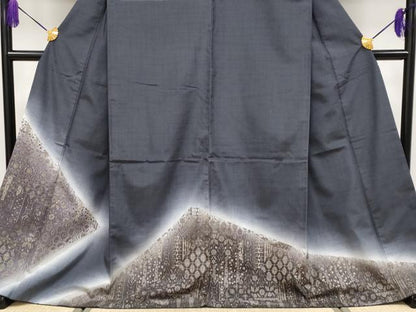 平和屋着物●極上　訪問着　紬地　切嵌花文　やまと誂製　濃紺地　逸品　CYAA4085s6