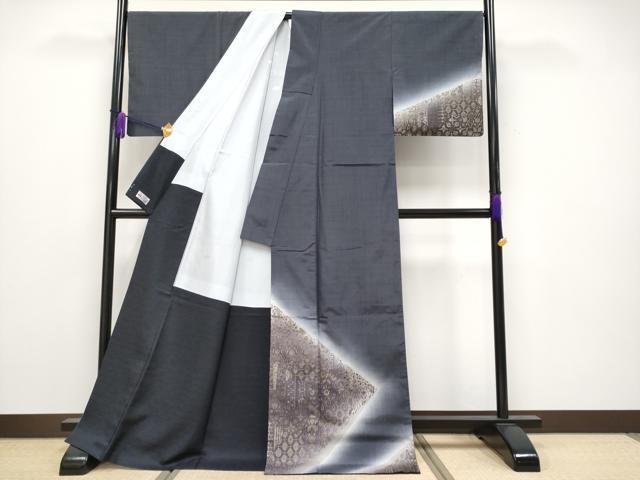 平和屋着物●極上　訪問着　紬地　切嵌花文　やまと誂製　濃紺地　逸品　CYAA4085s6 平和屋着物○極上 訪問着 紬地 切嵌花文 やまと誂製