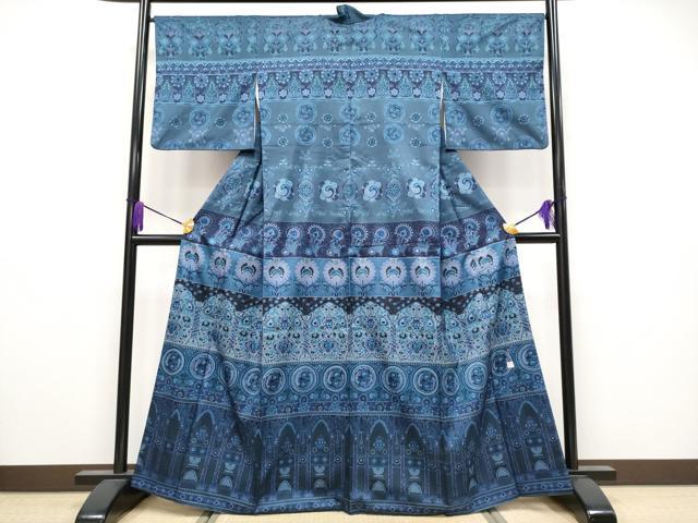 平和屋着物●極上　染色作家　林淳一　訪問着　本場染大島紬　横段花唐草文　逸品　CYAA4086s6
