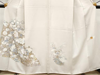 平和屋着物●極上　金彩友禅作家　金彩の魔術師　堀省平　金煌織　訪問着　草花文　灰白色地　金銀彩　逸品　CYAA4099s6