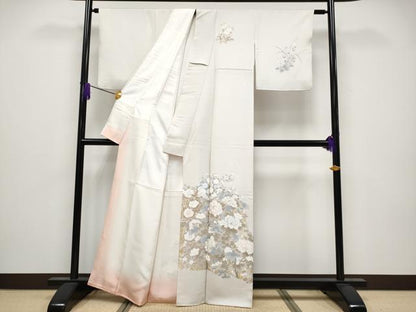平和屋着物●極上　金彩友禅作家　金彩の魔術師　堀省平　金煌織　訪問着　草花文　灰白色地　金銀彩　逸品　CYAA4099s6