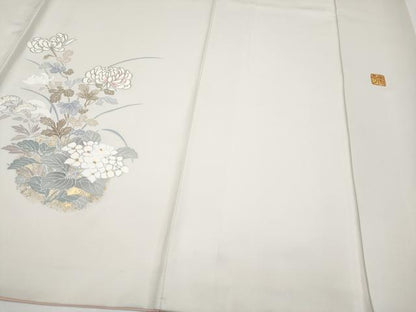 平和屋着物●極上　金彩友禅作家　金彩の魔術師　堀省平　金煌織　訪問着　草花文　灰白色地　金銀彩　逸品　CYAA4099s6
