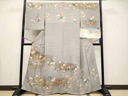平和屋着物●極上　京友禅の第一人者　松井青々　訪問着　駒刺繍　秋草文　銀鼠色地　金彩　証紙付き　逸品　CYAA4104s6