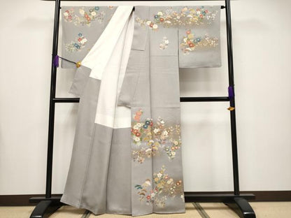 平和屋着物●極上　京友禅の第一人者　松井青々　訪問着　駒刺繍　秋草文　銀鼠色地　金彩　証紙付き　逸品　CYAA4104s6