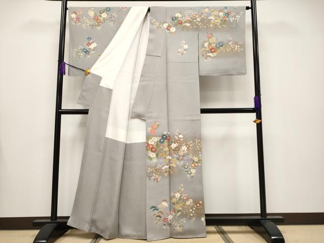 平和屋着物●極上　京友禅の第一人者　松井青々　訪問着　駒刺繍　秋草文　銀鼠色地　金彩　証紙付き　逸品　CYAA4104s6