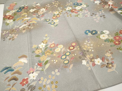 平和屋着物●極上　京友禅の第一人者　松井青々　訪問着　駒刺繍　秋草文　銀鼠色地　金彩　証紙付き　逸品　CYAA4104s6