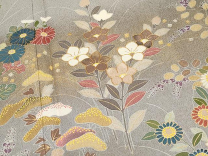 平和屋着物●極上　京友禅の第一人者　松井青々　訪問着　駒刺繍　秋草文　銀鼠色地　金彩　証紙付き　逸品　CYAA4104s6