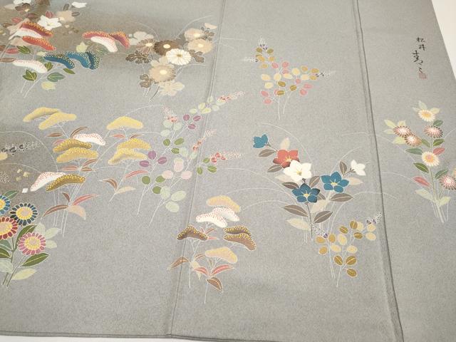 平和屋着物●極上　京友禅の第一人者　松井青々　訪問着　駒刺繍　秋草文　銀鼠色地　金彩　証紙付き　逸品　CYAA4104s6
