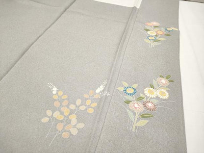 平和屋着物●極上　京友禅の第一人者　松井青々　訪問着　駒刺繍　秋草文　銀鼠色地　金彩　証紙付き　逸品　CYAA4104s6