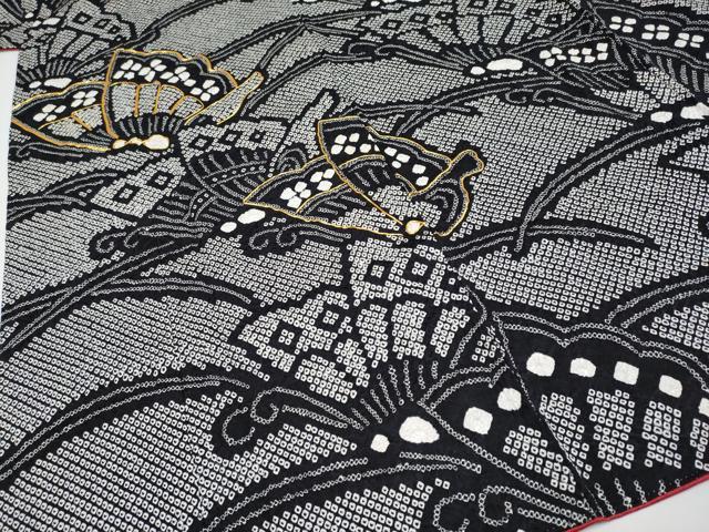 平和屋着物●極上　振袖　駒刺繍　絞り　舞蝶文　黒地　逸品　CYAA4106s6