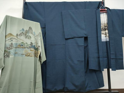 平和屋着物●極上　男性　紬　アンサンブル・長襦袢セット　色無地　藍鉄色地　逸品　CYAA4115s6