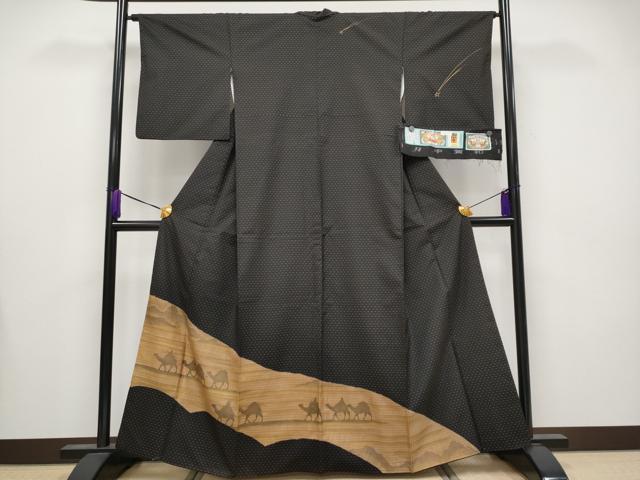 平和屋着物●極上　本場大島紬　訪問着　シルクロード　ラクダ　黒地　金彩　前田織物謹製　証紙付き　逸品　CYAA4116s6