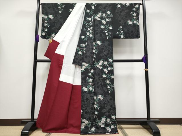平和屋本店●極上　キモノデザイナー　斉藤上太郎　小紋　枝花文　黒地　反端・冊子付き　上代95万　逸品　CYAA4136s6