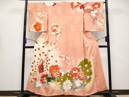 平和屋着物●極上　アンティーク　大正ロマン　訪問着　孔雀花文　暈し染め　金彩　曙色地　逸品　CYAA4151s6