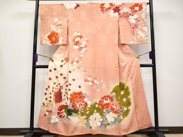 平和屋着物●極上　アンティーク　大正ロマン　訪問着　孔雀花文　暈し染め　金彩　曙色地　逸品　CYAA4151s6