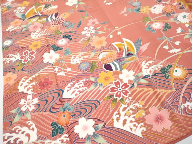 平和屋本店●極上　京加賀友禅　松本健一　振袖　鴛鴦枝花文　浅緋色　逸品　CYAA4158s6