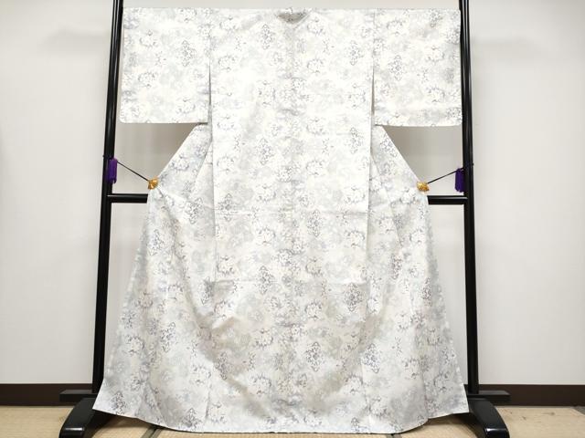 平和屋着物▽本場大島紬　白大島　単衣　9マルキ　草花文　正絹　逸品　AAAY7280jh 平和屋着物○本場大島紬 白大島 9マルキ よろけ縞 正絹 逸品