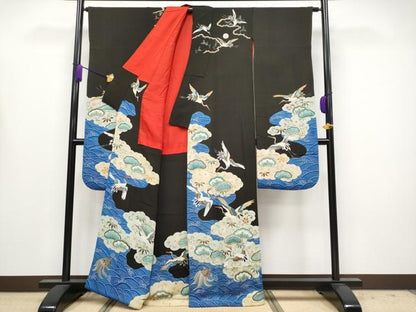 平和屋本店●極上 アンティーク 大正ロマン 中国三大刺繍 相良刺繍 振袖 飛鶴花松文 黒地 金糸 逸品 CYAA4165s6