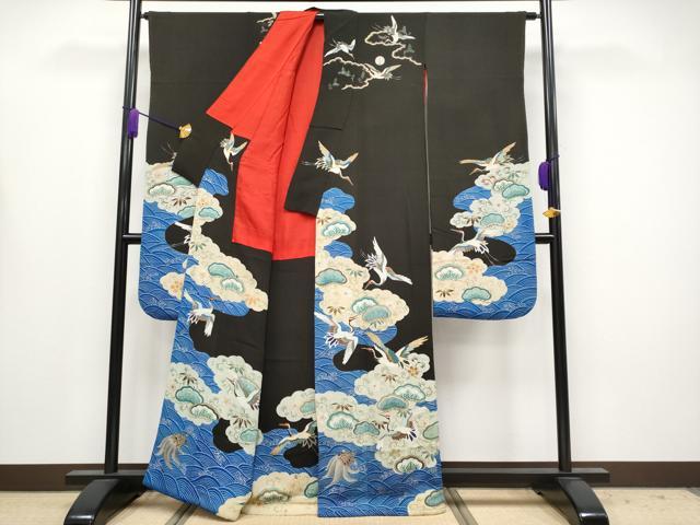 平和屋本店●極上 アンティーク 大正ロマン 中国三大刺繍 相良刺繍 振袖 飛鶴花松文 黒地 金糸 逸品 CYAA4165s6