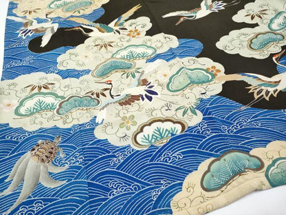 平和屋本店●極上 アンティーク 大正ロマン 中国三大刺繍 相良刺繍 振袖 飛鶴花松文 黒地 金糸 逸品 CYAA4165s6