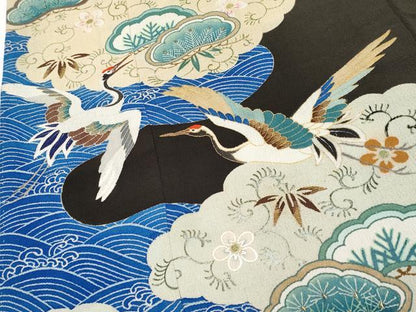 平和屋本店●極上 アンティーク 大正ロマン 中国三大刺繍 相良刺繍 振袖 飛鶴花松文 黒地 金糸 逸品 CYAA4165s6