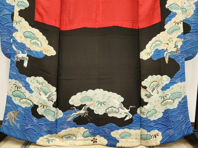 平和屋本店●極上 アンティーク 大正ロマン 中国三大刺繍 相良刺繍 振袖 飛鶴花松文 黒地 金糸 逸品 CYAA4165s6