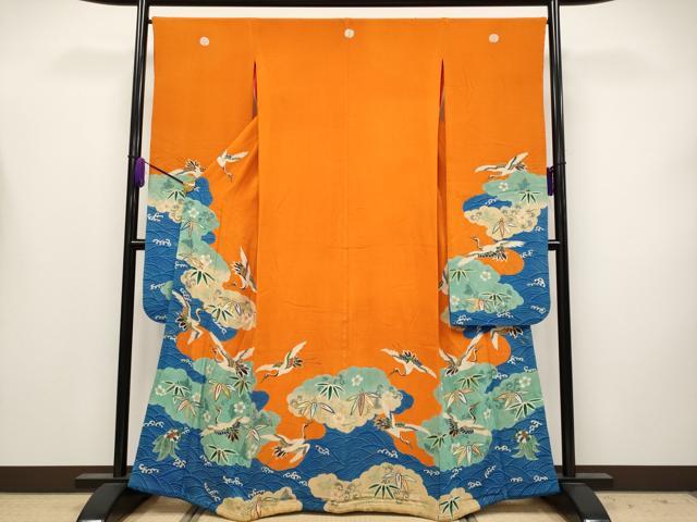 平和屋本店●極上 アンティーク 大正ロマン 中国三大刺繍 相良刺繍 振袖 松竹梅 蓑亀 鶴 金糸 赤橙色地 逸品 CYAA4166s6