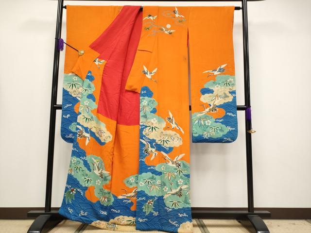平和屋本店●極上 アンティーク 大正ロマン 中国三大刺繍 相良刺繍 振袖 松竹梅 蓑亀 鶴 金糸 赤橙色地 逸品 CYAA4166s6