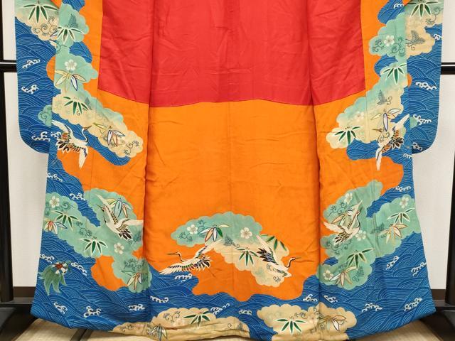 平和屋本店●極上 アンティーク 大正ロマン 中国三大刺繍 相良刺繍 振袖 松竹梅 蓑亀 鶴 金糸 赤橙色地 逸品 CYAA4166s6