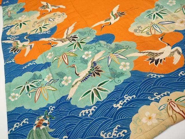 平和屋本店●極上 アンティーク 大正ロマン 中国三大刺繍 相良刺繍 振袖 松竹梅 蓑亀 鶴 金糸 赤橙色地 逸品 CYAA4166s6