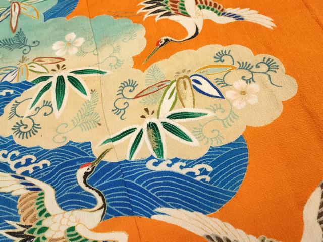 平和屋本店●極上 アンティーク 大正ロマン 中国三大刺繍 相良刺繍 振袖 松竹梅 蓑亀 鶴 金糸 赤橙色地 逸品 CYAA4166s6