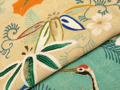 平和屋本店●極上 アンティーク 大正ロマン 中国三大刺繍 相良刺繍 振袖 松竹梅 蓑亀 鶴 金糸 赤橙色地 逸品 CYAA4166s6